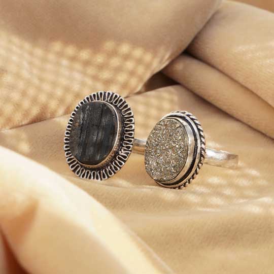 Crystal Shield ( Black Tourmaline Ring +Pyrite Geode Ring )