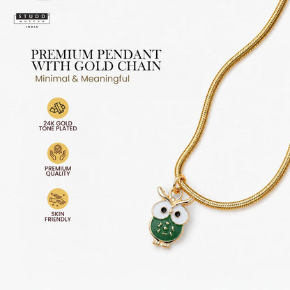 Green Owl Pendant - 24K Gold Plated [ With Velore Snake Chain]