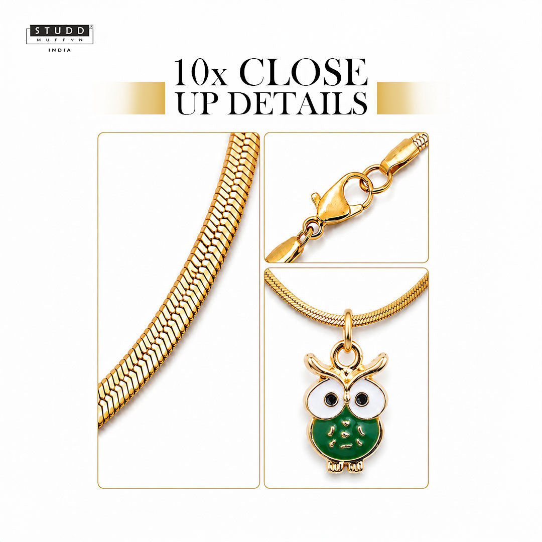 Green Owl Pendant - 24K Gold Plated [ With Velore Snake Chain]