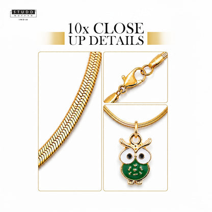 Green Owl Pendant - 24K Gold Plated [ With Velore Snake Chain]
