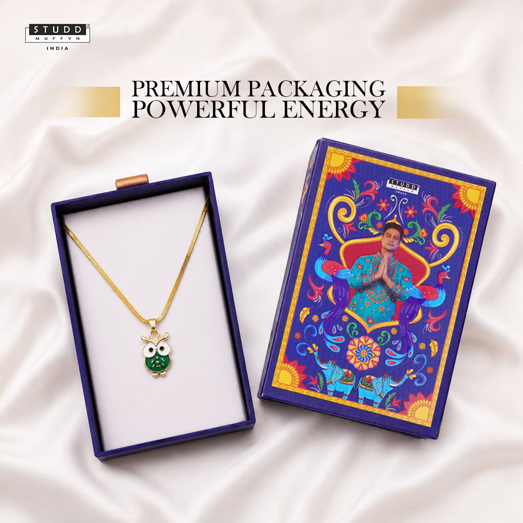 Green Owl Pendant - 24K Gold Plated [ With Velore Snake Chain]