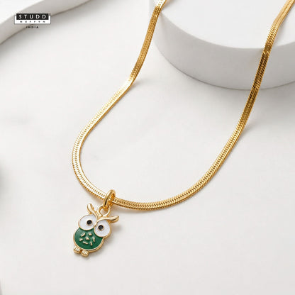 Green Owl Pendant - 24K Gold Plated [ With Velore Snake Chain]