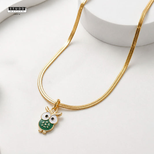 Green Owl Pendant - 24K Gold Plated [ With Velore Snake Chain]