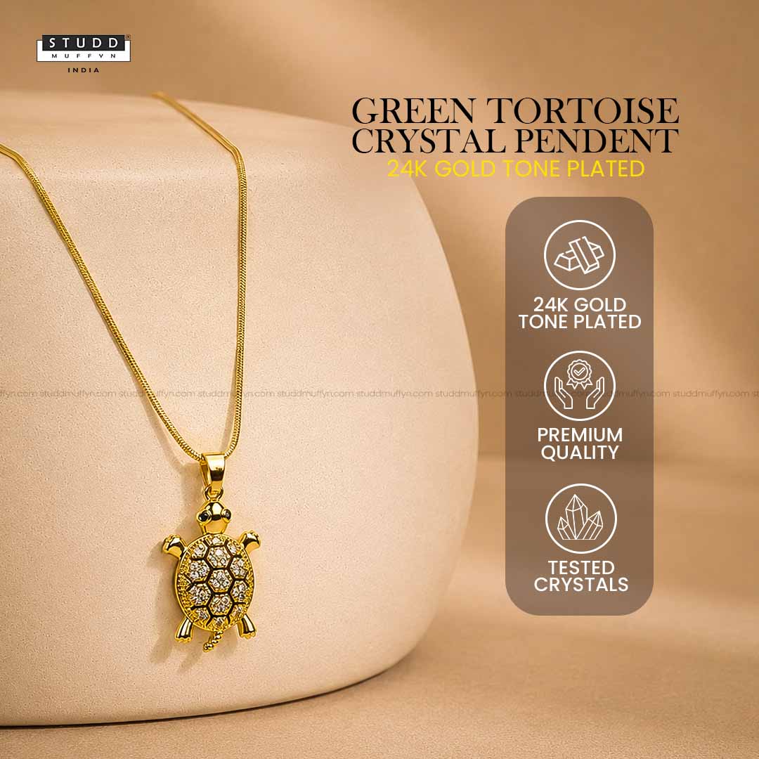 Golden Tortoise Crystal Pendant – 24K Gold Tone Plated [ With Chain ]