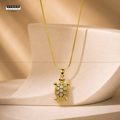 Golden Tortoise Crystal Pendant – 24K Gold Tone Plated [ With Chain ]
