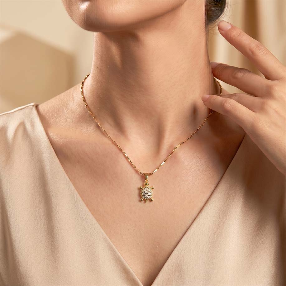 Golden Tortoise Crystal Pendant – 24K Gold Tone Plated [ With Chain ]