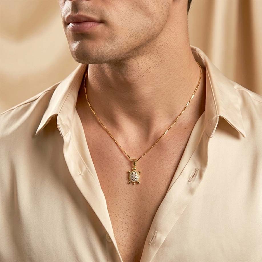 Golden Tortoise Crystal Pendant – 24K Gold Tone Plated [ With Chain ]