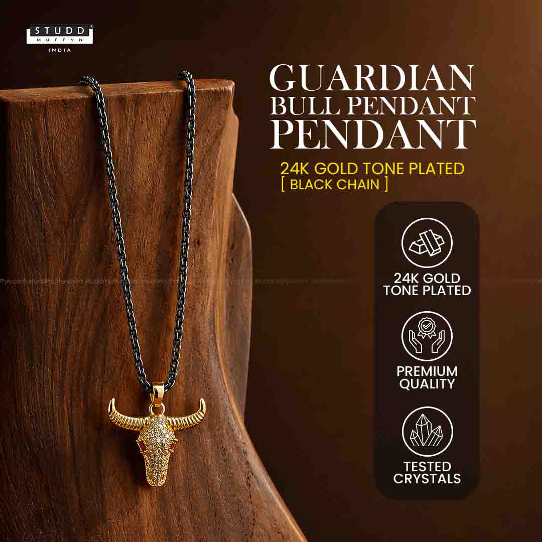 Guardian Bull Pendant - 24k Gold Tone Plated [ Black Chain ]