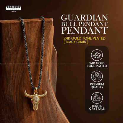 Guardian Bull Pendant - 24k Gold Tone Plated [ Black Chain ]