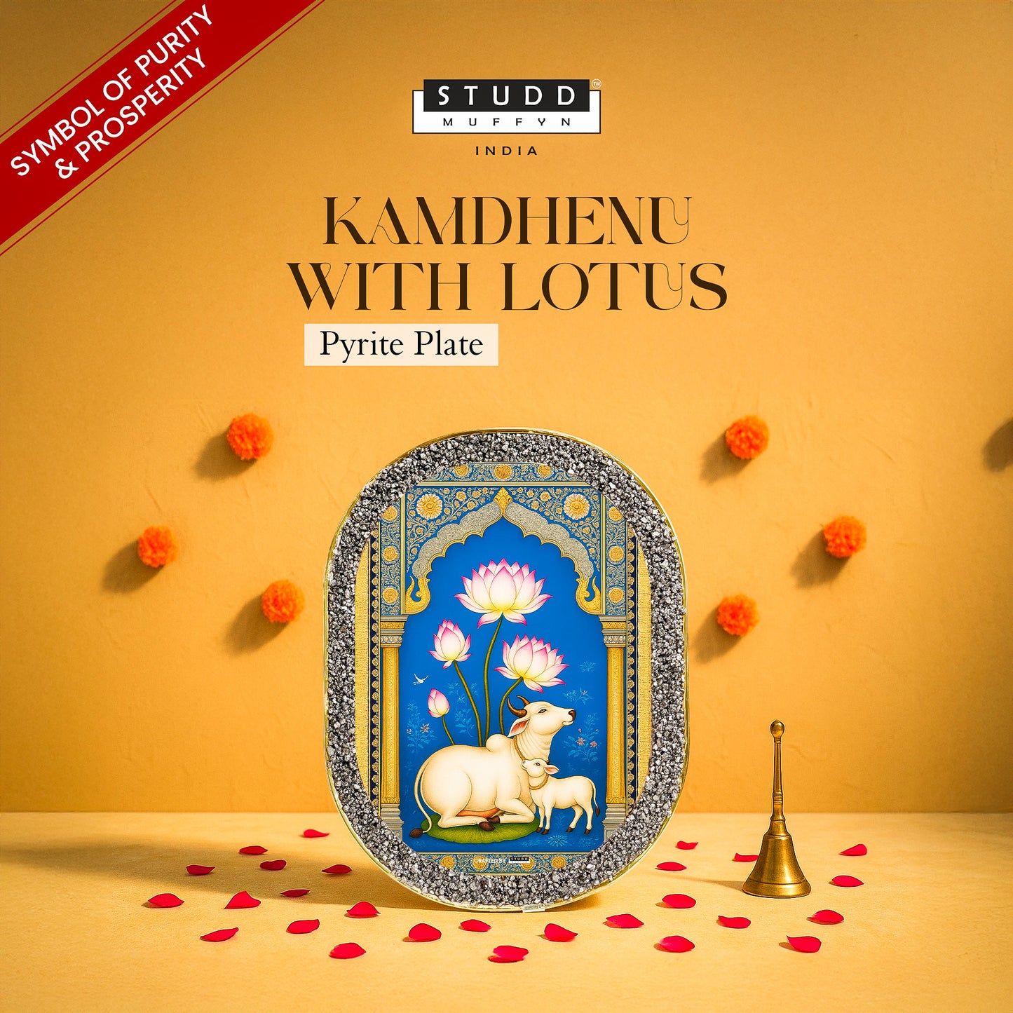 Kamdhenu with Lotus Pyrite Plate [ Rounded Rectangle ]