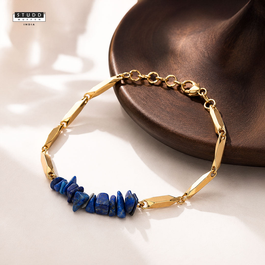 Lapis Lazuli Crystal Rice Chain Bracelet — 24K Gold Tone