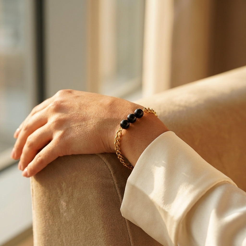 Obsidian Crystal Cuban Bracelet - 24k Gold Tone