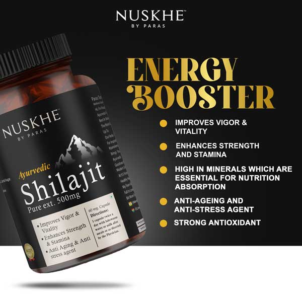 Nuskhe by Paras Ayurvedic Shilajit Pure Ext. ✽ For Men & Women ✽ 60 Veg Capsules - 500mg