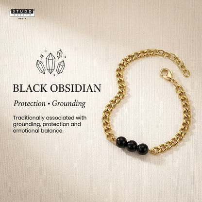 Obsidian Crystal Cuban Bracelet - 24k Gold Tone