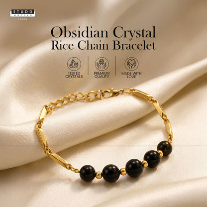 Obsidian Crystal 24K Gold-Toned Rice Chain Bracelet