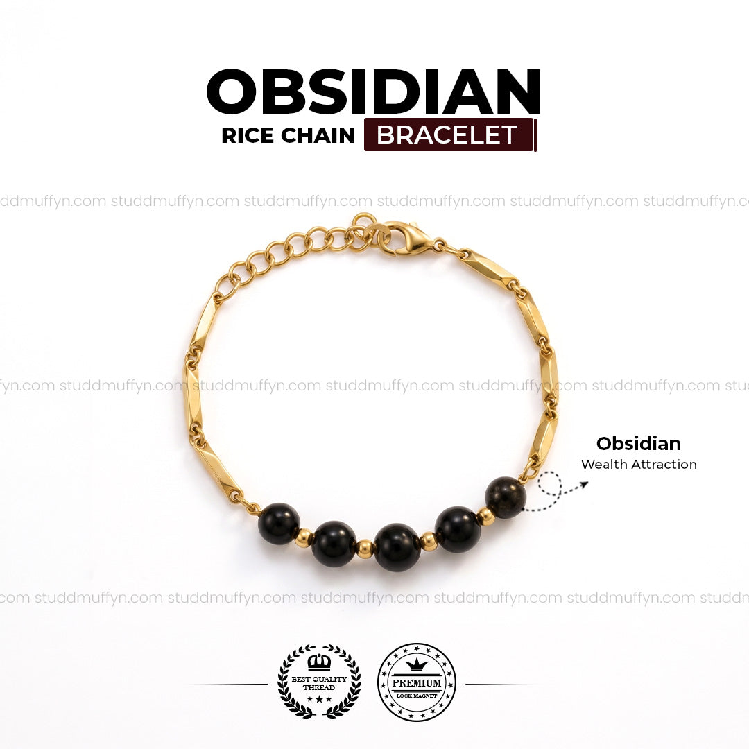 Obsidian Crystal 24K Gold-Toned Rice Chain Bracelet