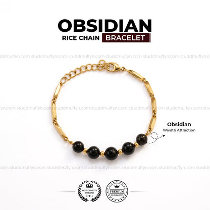 Obsidian Crystal 24K Gold-Toned Rice Chain Bracelet