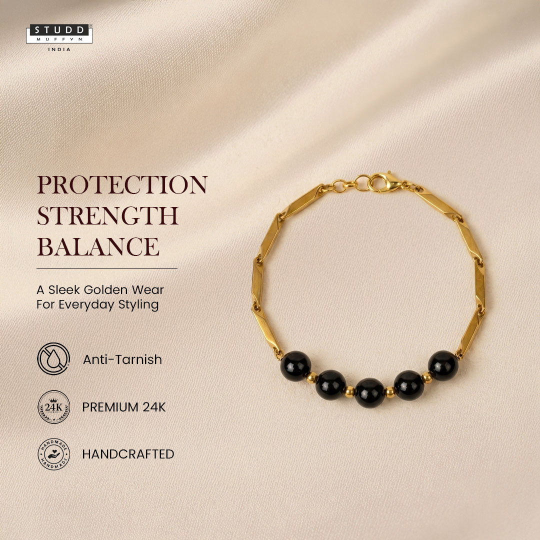 Obsidian Crystal 24K Gold-Toned Rice Chain Bracelet
