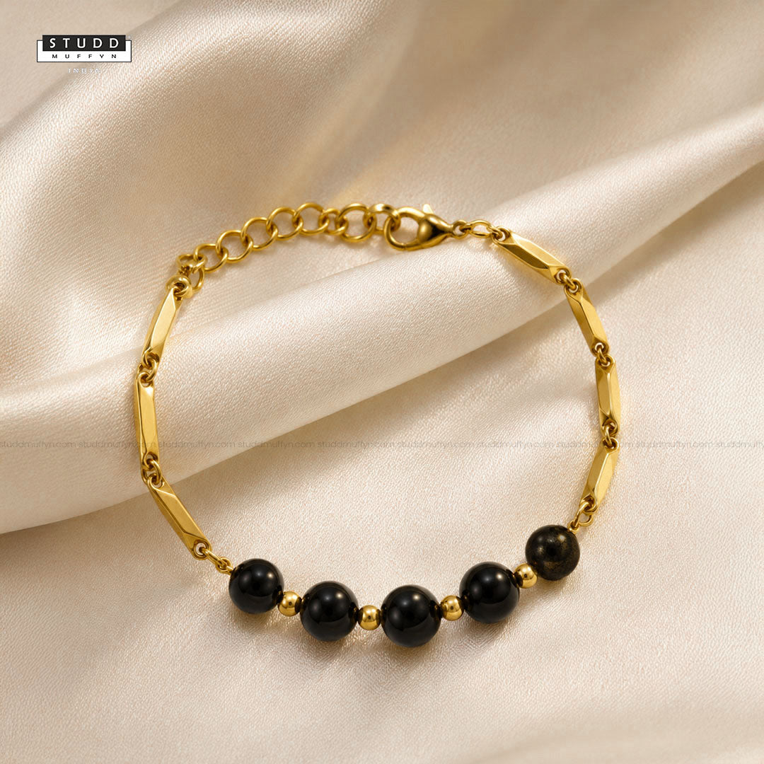 Obsidian Crystal 24K Gold-Toned Rice Chain Bracelet