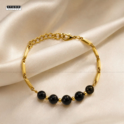 Obsidian Crystal 24K Gold-Toned Rice Chain Bracelet