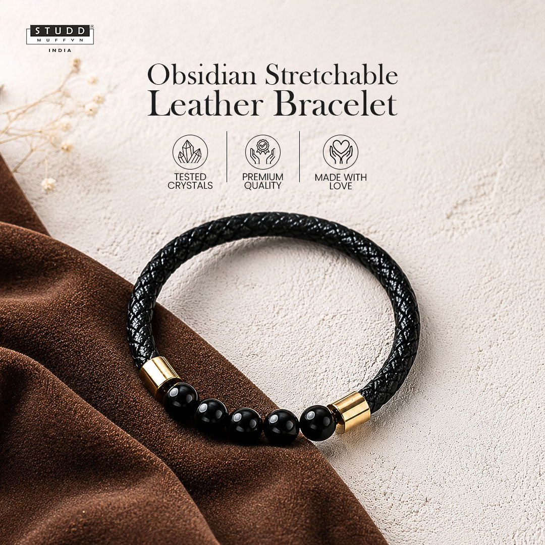 Obsidian Stretchable Leather Bracelet