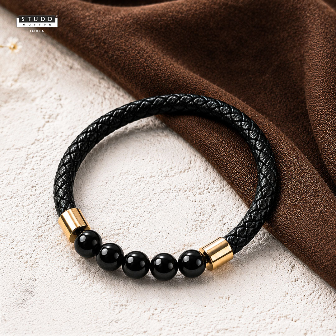Obsidian Stretchable Leather Bracelet