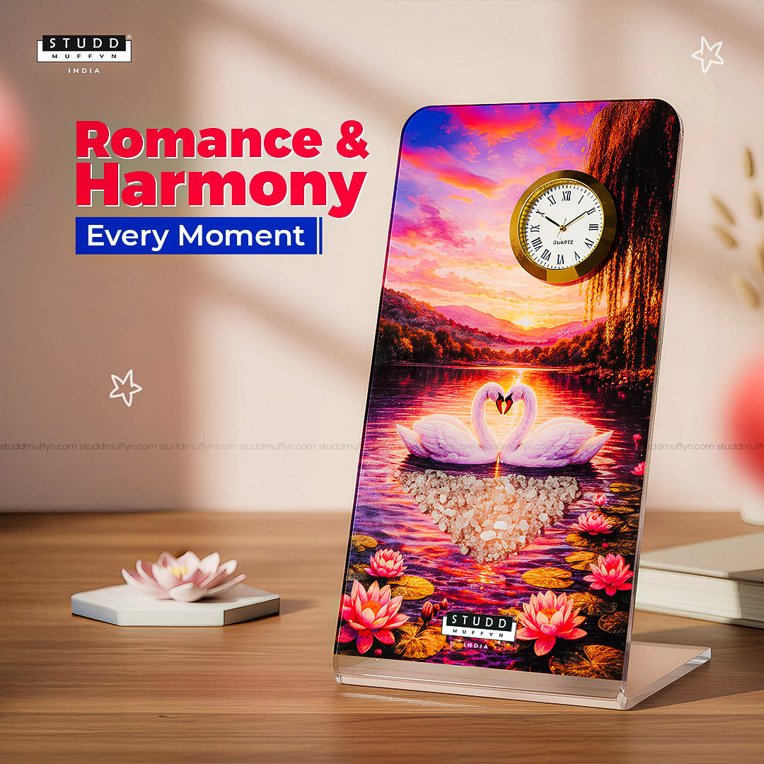 Pair of Swans Rose Quartz Crystal Table Clock