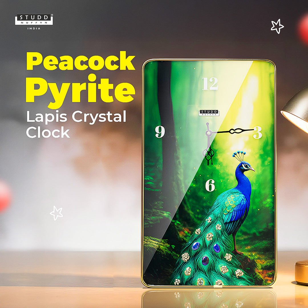 Peacock Pyrite–Lapis Crystal Clock