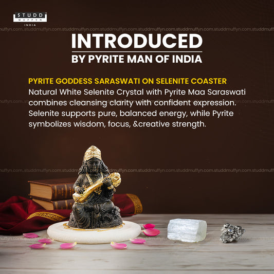 Pyrite Goddess Saraswati on Selenite Coaster I Miniature Series