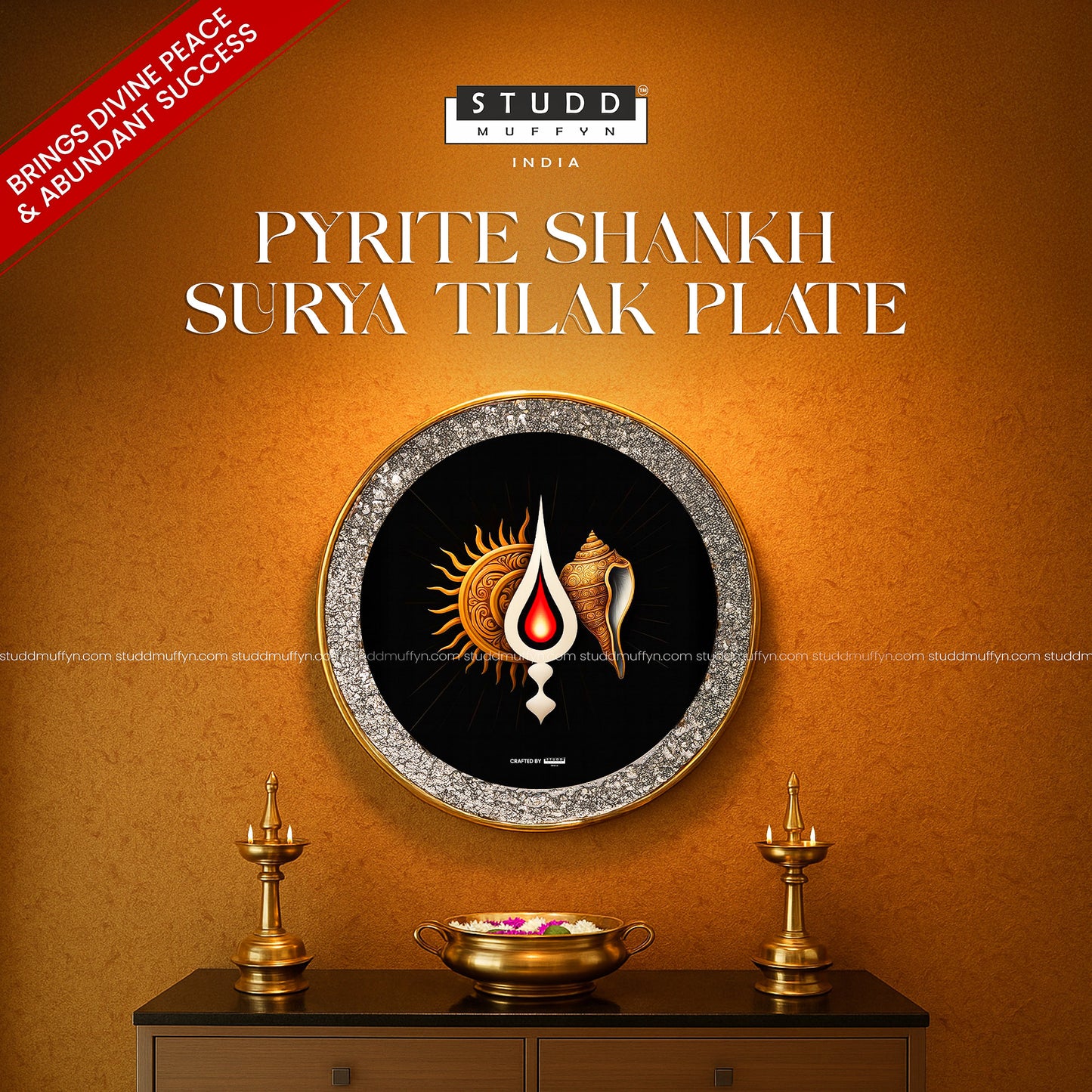 Pyrite Shankh Surya Tilak Plate [Round Plate]