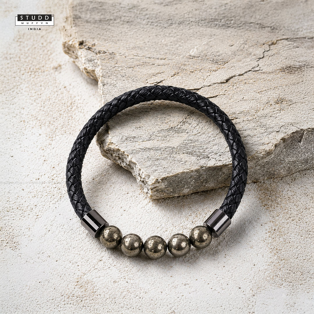 Pyrite Stretchable Leather Bracelet