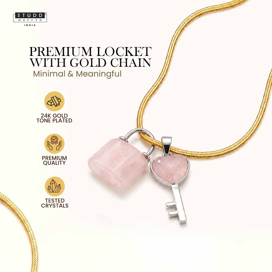 Rose Quartz Lock & Key Crystal Pendant With Chain