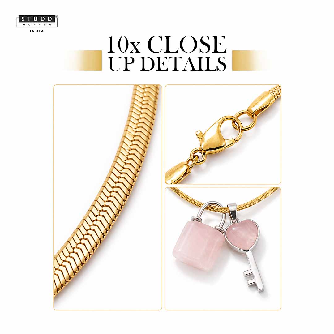 Rose Quartz Lock & Key Crystal Pendant With Chain