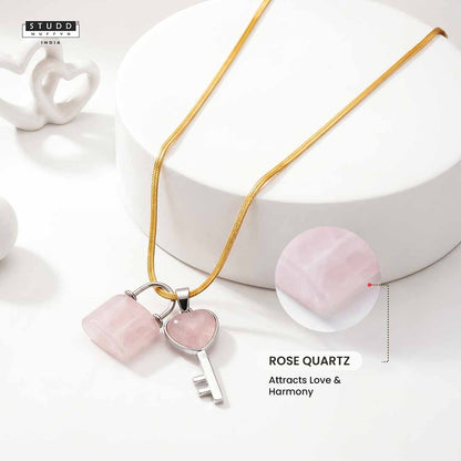 Rose Quartz Lock & Key Crystal Pendant With Chain