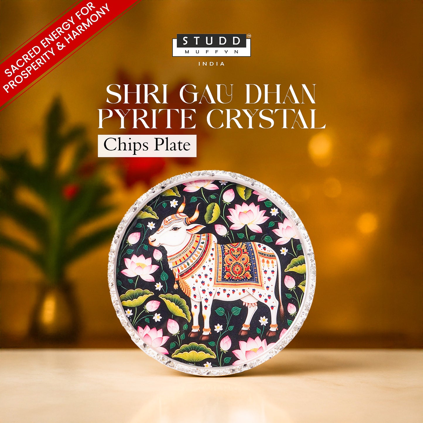 Shri Gau Dhan Pyrite Crystal Chips Plate [Round Shape]