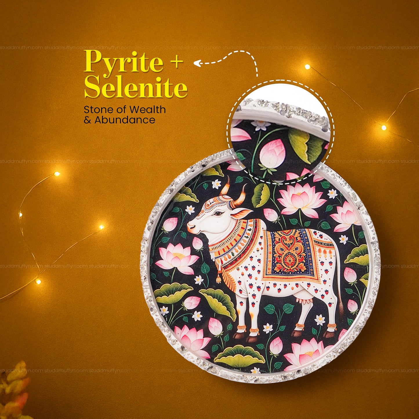 Shri Gau Dhan Pyrite Crystal Chips Plate [Round Shape]