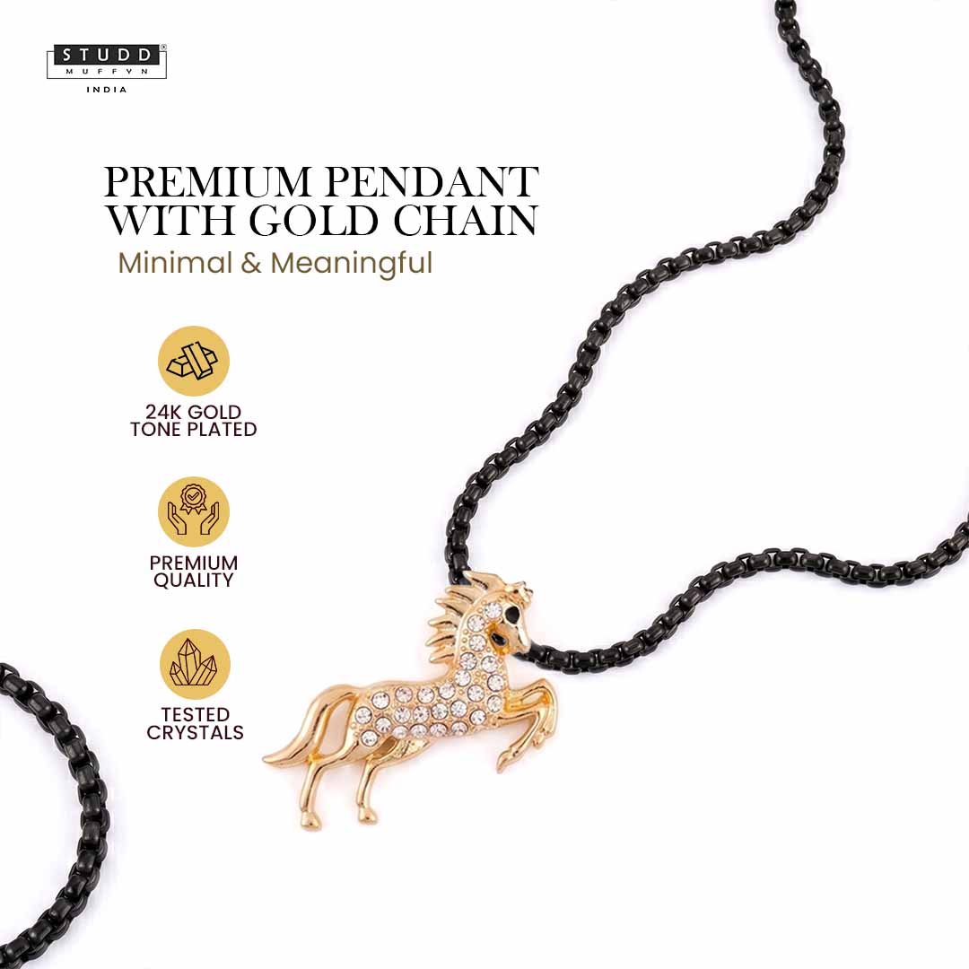 Spirit of Stallion Pyrite Pendant - 24K Gold Plated [ With Black Boxer Chain]