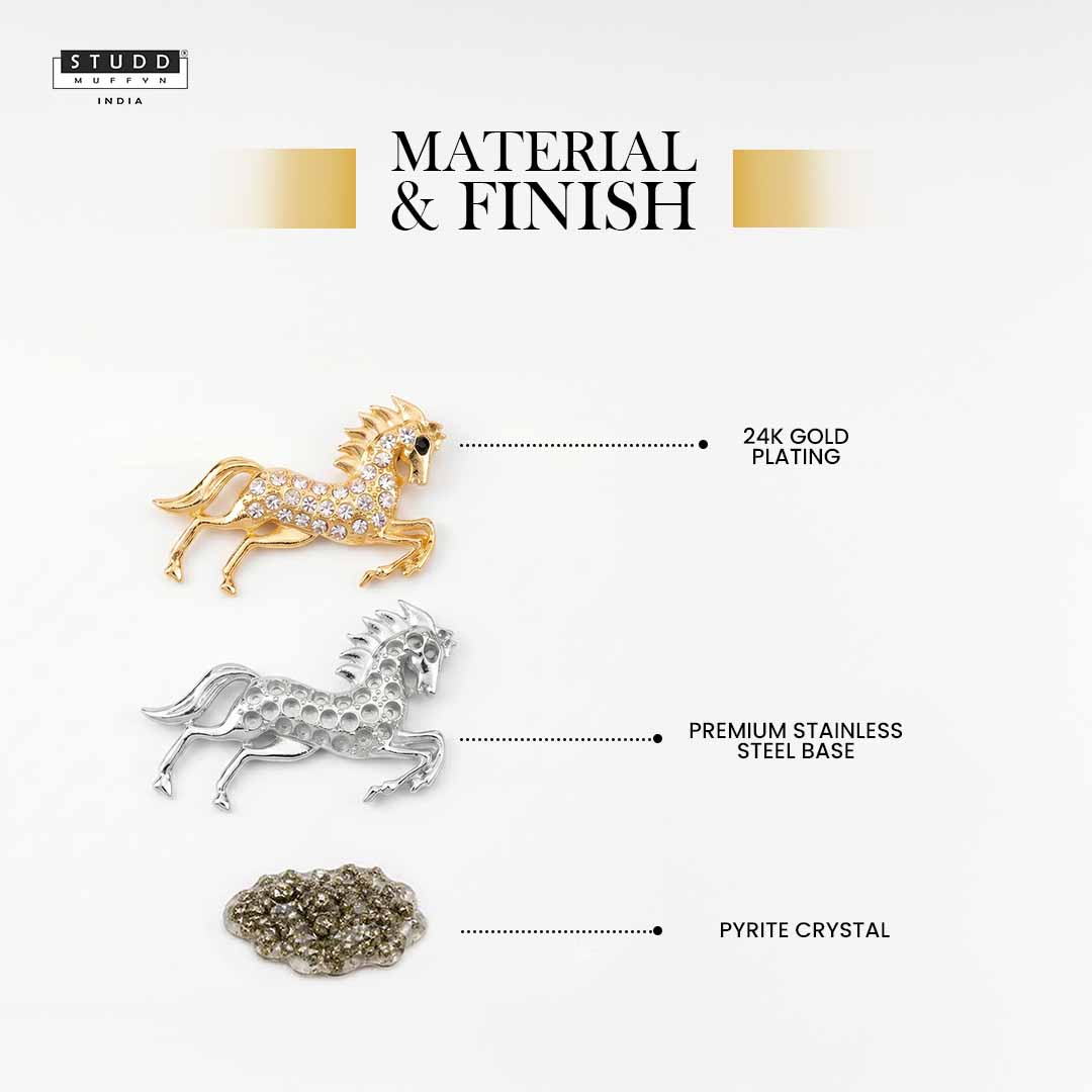 Spirit of Stallion Pyrite Pendant - 24K Gold Plated [ With Black Boxer Chain]