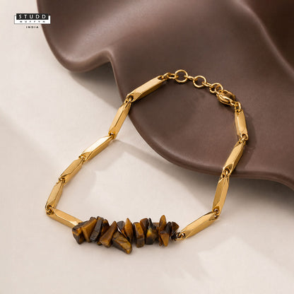 Tiger Eye Crystal Gold Toned Rice Chain Bracelet