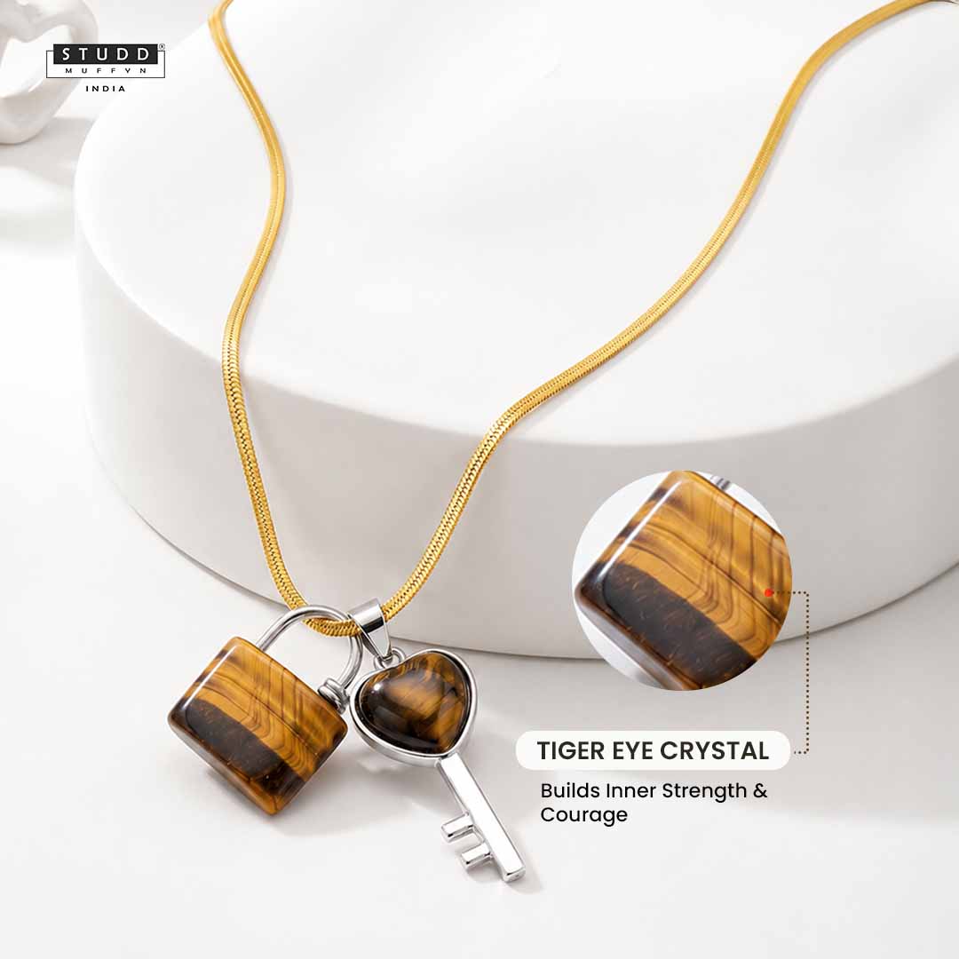 Tiger Eye Lock & Key Crystal Pendant With Chain
