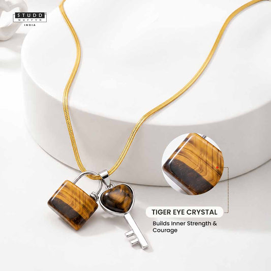 Tiger Eye Lock & Key Crystal Pendant With Chain