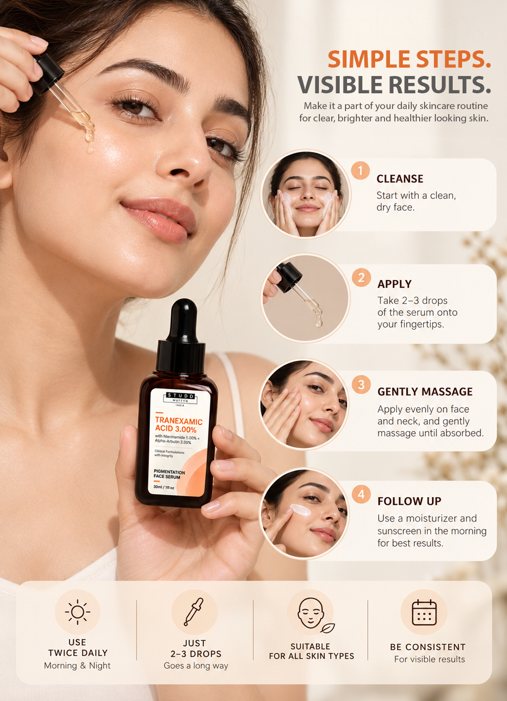 How to use Tranexamic Acid Pigmentation Face Serum: cleanse, apply 2-3 drops, gently massage, follow with moisturiser and sunscreen