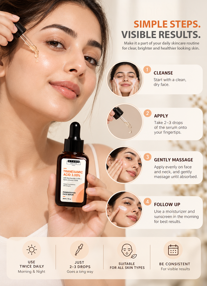 How to use Tranexamic Acid Pigmentation Face Serum: cleanse, apply 2-3 drops, gently massage, follow with moisturiser and sunscreen