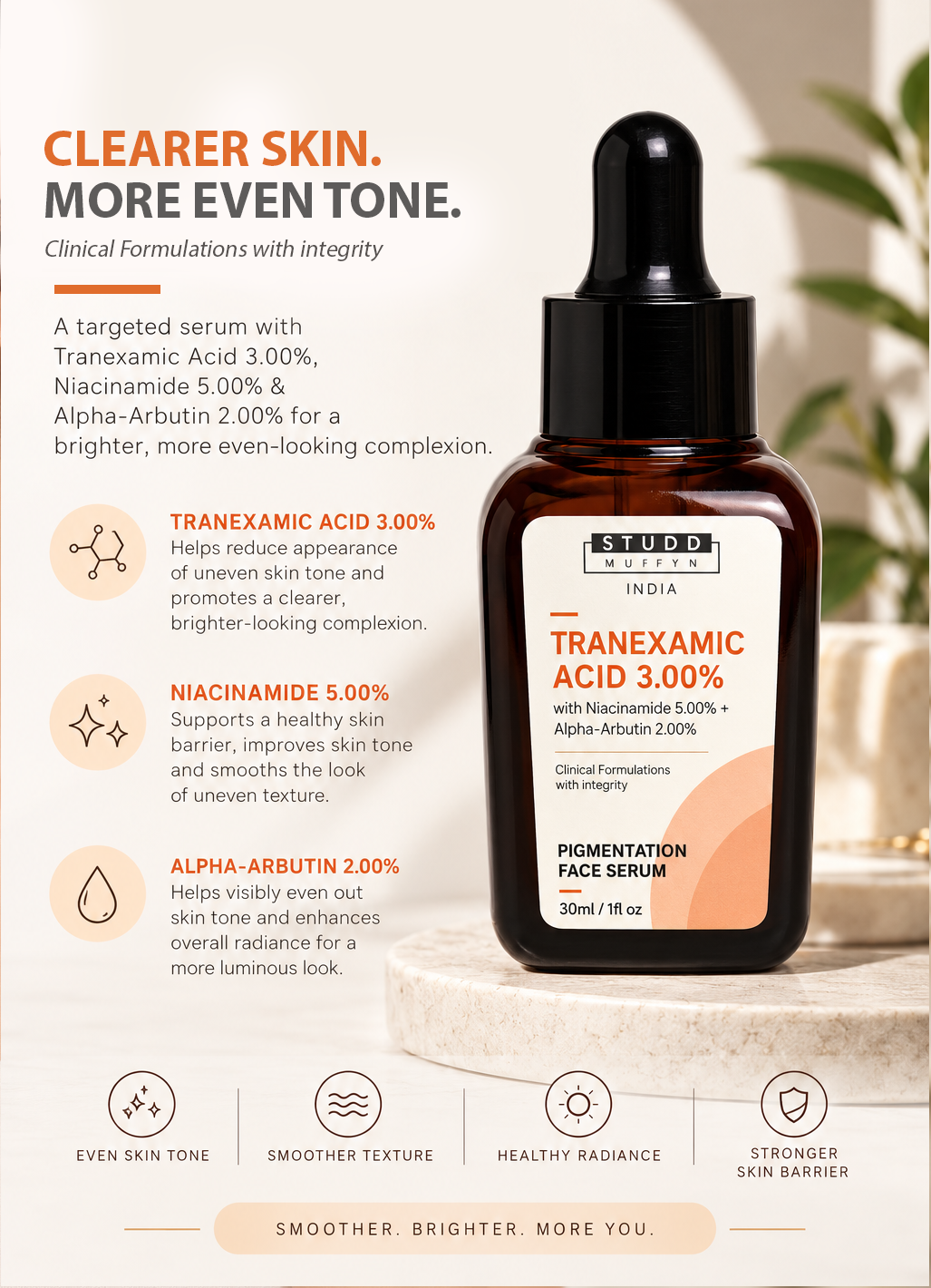 Studd Muffyn Tranexamic Acid 3% Pigmentation Face Serum 30ml with Niacinamide 5% and Alpha-Arbutin 2%