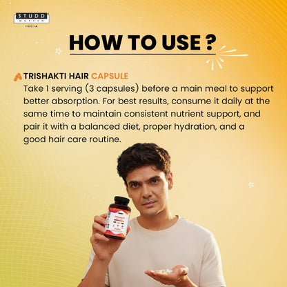 How to use Trishakti hair capsules: one pouch of 3 capsules daily with a meal