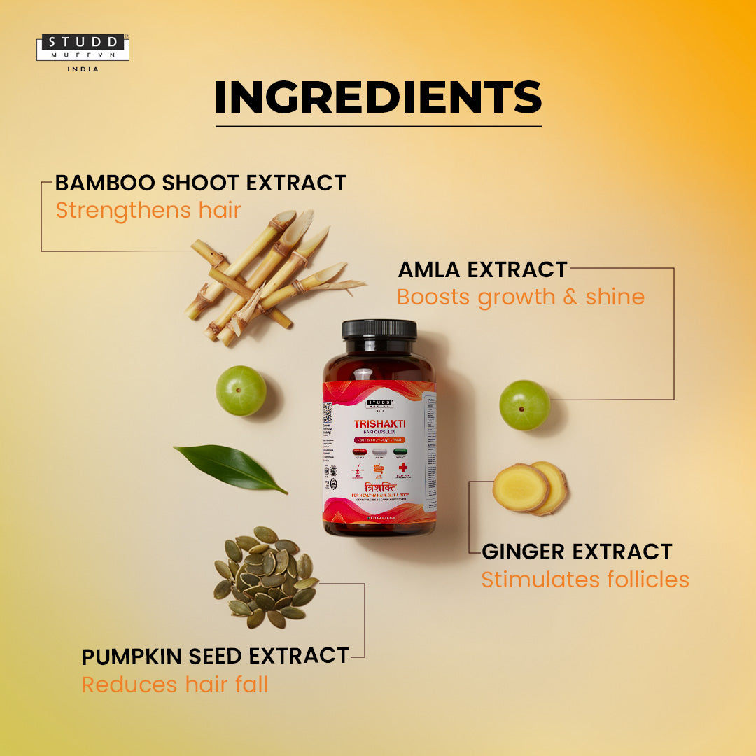 Trishakti hair capsule ingredients: bamboo shoot, amla, pumpkin seed and ginger extracts