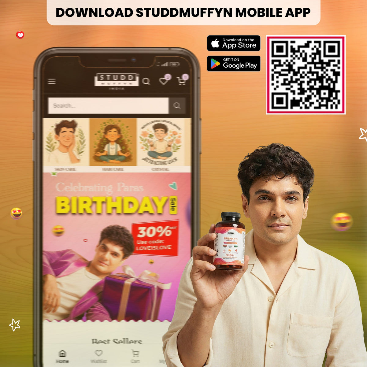 Paras Tomar with Trishakti hair capsules, download the Studd Muffyn app