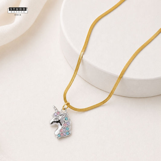 Unicorn Pendant - Silver Toned [ With Velore Snake Chain]