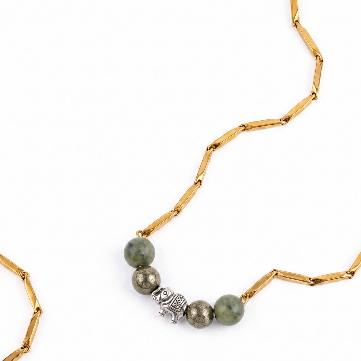 Green Harmony Golden Rice Chain Necklace — Green Aventurine, Black Obsidian & Clear Quartz
