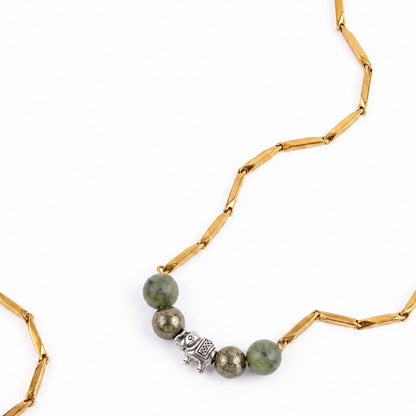 Green Harmony Golden Rice Chain Necklace — Green Aventurine, Black Obsidian & Clear Quartz